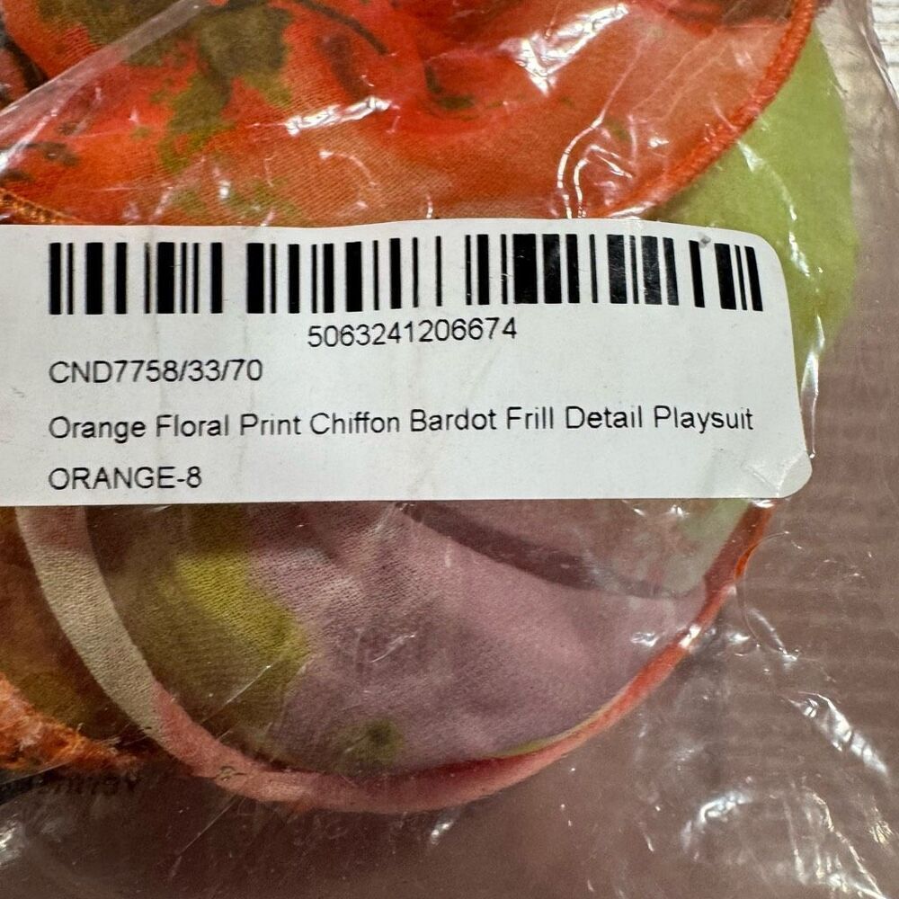 New ORANGE FLORAL PRINT CHIFFON BARDOT FRILL DETAIL ROMPER - Picture 3 of 6
